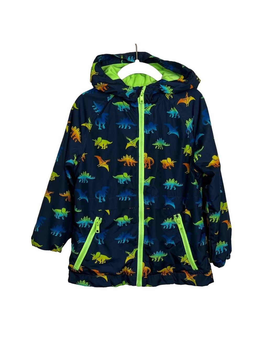 365 Kids Size 4 XS Neon Dinosaurs Lightweight Windbreaker Raincoat Full Zip